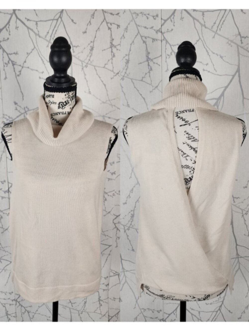BCBG Maxazria Ivory 100% Merino Wool Surplice Back Turtleneck Tank